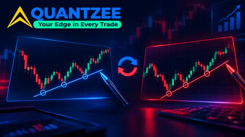 How to draw trend lines using consistent trend line drawing rules — Quantzee diagram of a candlestick chart with a trend line connecting swing-low pivots to illustrate anchor points, touch count, and scale selection