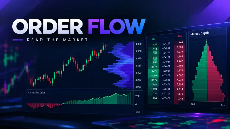 Order flow trading dashboard showing a candlestick chart with a volume profile, a cumulative delta histogram, a bid-ask DOM ladder and a market depth chart