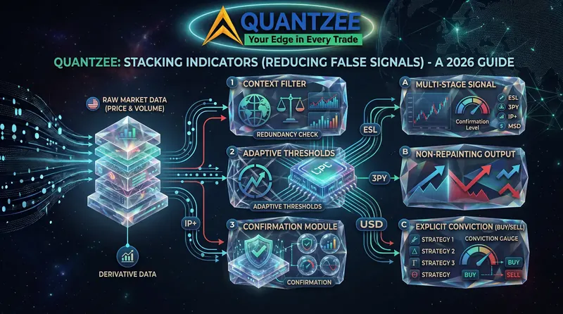 How to stack indicators without false signals — Quantzee confluence framework diagram: raw market and derivative data passing through a context filter with redundancy check, adaptive thresholds and a confirmation module, producing a multi-stage signal, non-repainting output and an explicit buy/sell conviction gauge
