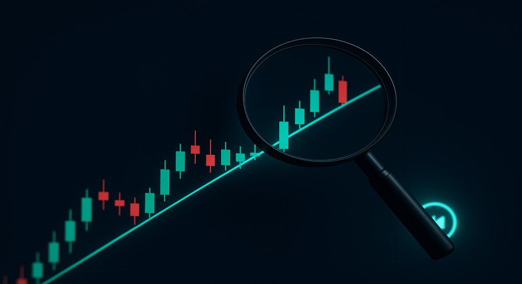 A dark trading screen with a teal candlestick trend line and a magnifying glass inspecting a single candle, illustrating how to test a TradingView indicator for repainting