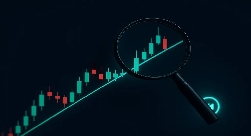 A dark trading screen with a teal candlestick trend line and a magnifying glass inspecting a single candle, illustrating how to test a TradingView indicator for repainting