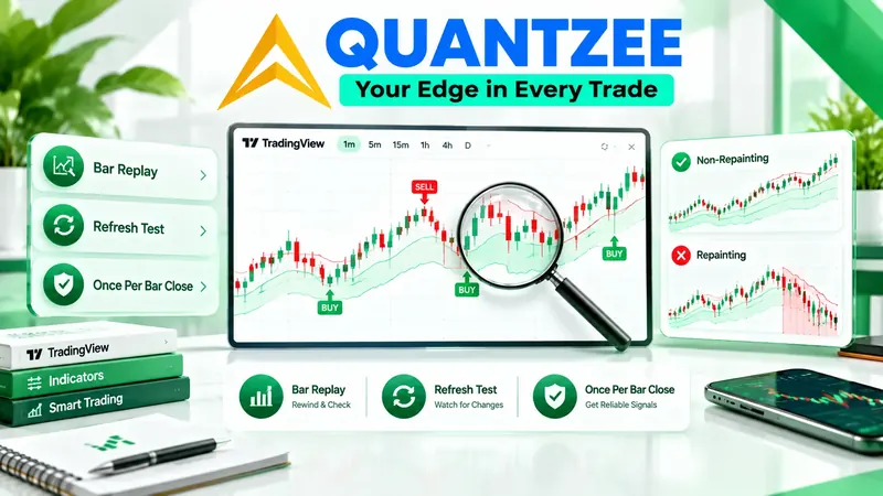 How to test a TradingView indicator for repainting: a magnifying glass inspecting buy and sell signals on a TradingView candlestick chart, with the Bar Replay, Refresh Test and Once Per Bar Close checks and a non-repainting vs repainting chart comparison