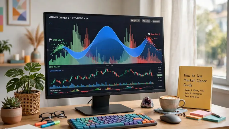 Market Cipher B panel showing the momentum wave, green and red dots, money flow histogram bars and divergence flags on a TradingView chart