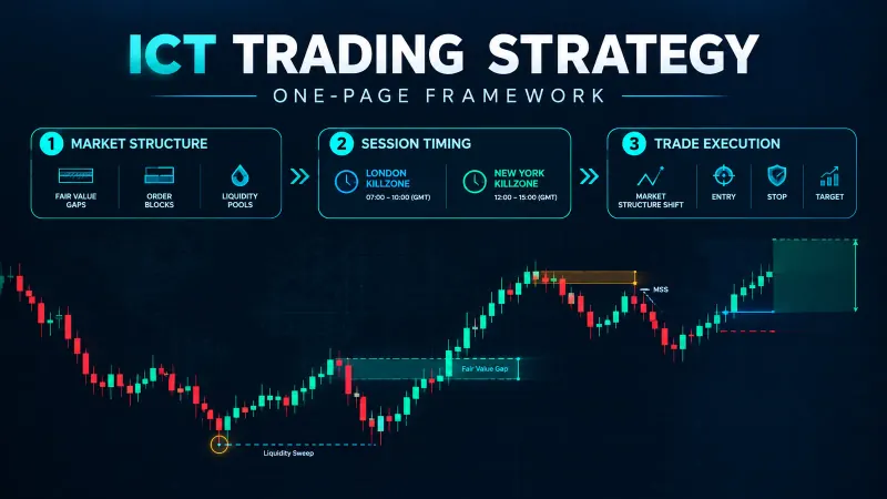 ICT trading strategy one page map showing vocabulary, timing, and execution layers in a neon framework diagram