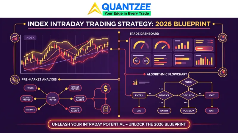 Index intraday trading strategy 2026 blueprint infographic showing an index candlestick chart with moving averages, a trade dashboard, pre-market analysis map and an entry/exit algorithmic flowchart