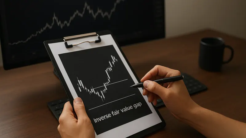 Candlestick chart showing a fair value gap flipping into an inverse fair value gap zone