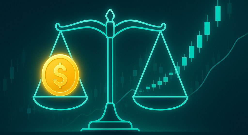 Balance scale weighing a gold dollar coin against a rising trading chart, illustrating the cost-versus-value question behind a Market Cipher subscription