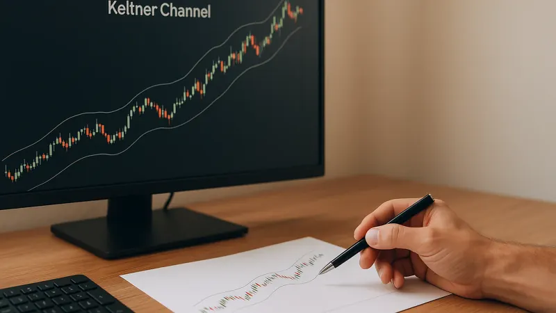 Price chart with Keltner Channel and Bollinger Band overlays showing different band widths around a gap