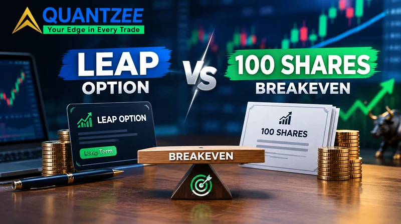 LEAP option vs 100 shares breakeven comparison: a balance scale weighing a LEAP option card against a 100 shares card, illustrating where the breakeven math between the two tips