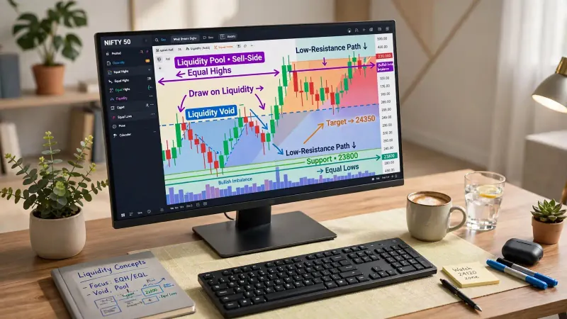 NIFTY chart marked with draw on liquidity, liquidity void, and low-resistance path annotations showing how to rank competing liquidity pools before the entry