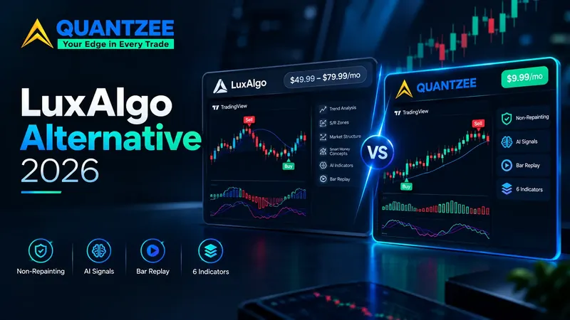 LuxAlgo alternative 2026: LuxAlgo at $49.99-$79.99/mo compared side by side with Quantzee's non-repainting AI TradingView indicators at $59.99 once