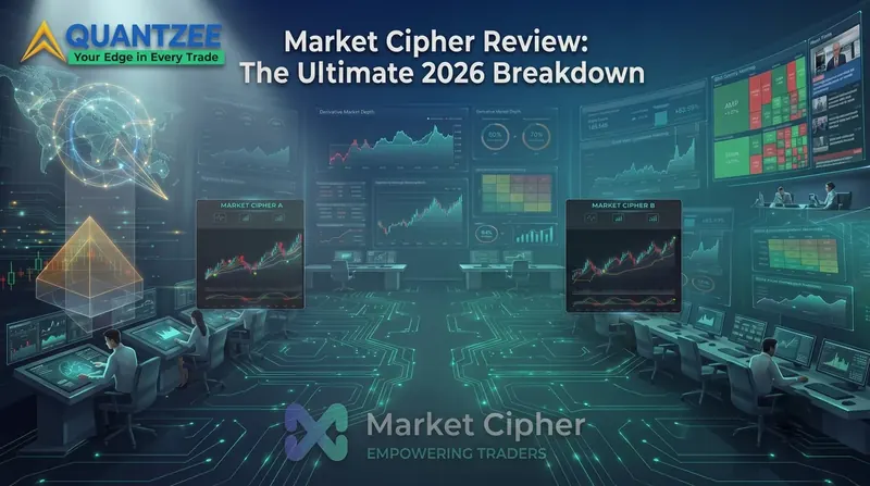 Market Cipher review 2026 — Market Cipher A and B indicator panels on a trading floor of charts, compared by Quantzee