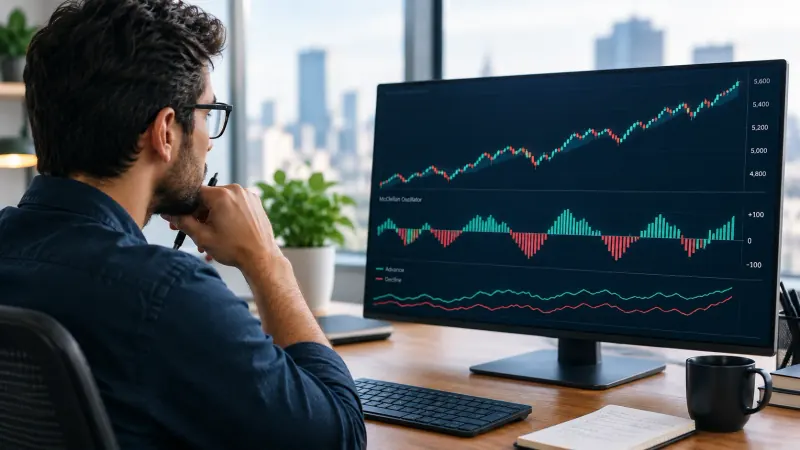 Analyst studying a McClellan Oscillator market breadth panel on a trading monitor, with green advance and red decline histogram bars around the zero line below an index candlestick chart