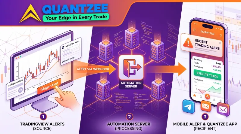 Mobile alert workflow with TradingView and Quantzee — a three-step diagram showing a TradingView alert triggered on a desktop chart (source), routed via webhook to an automation server (processing), and delivered as a mobile push alert to the Quantzee app, Telegram and email (recipient)