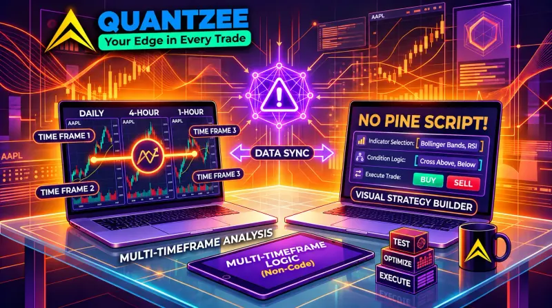 Multi-timeframe strategy without Pine Script on TradingView: Daily, 4-hour and 1-hour charts synced side by side next to a no-code visual strategy builder with indicator selection and condition logic