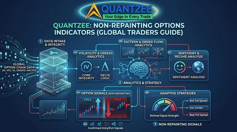 Non-repainting options indicators workflow for global traders — Quantzee pipeline taking global option chain data (IV, volume, OI, Greeks, macro) through data-integrity checks into volatility and Greeks analytics, pattern and order flow analytics and sentiment and regime analysis, producing confirmed non-repainting call and put option signals and adaptive strategies including bull call spread, iron condor and bear put spread