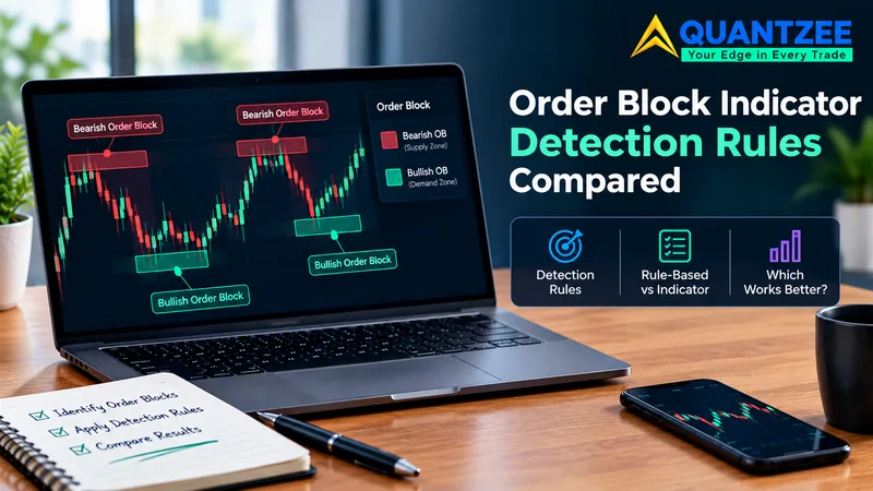 Order block indicator comparison chart showing five different detection rules marking different candles on the same price chart