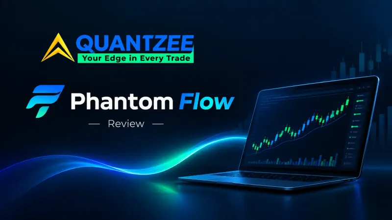 Phantom Flow review cover showing the Quantzee and Phantom Flow logos beside a TradingView chart with smart money concept signals on a laptop screen