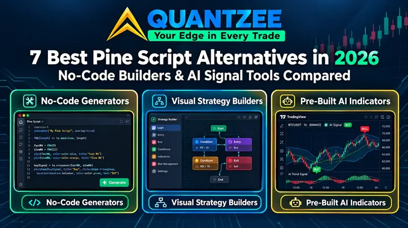 Pine Script alternatives in 2026 compared: no-code Pine Script generator, visual strategy builder, and Quantzee pre-built AI indicators showing buy and sell signals on a TradingView chart