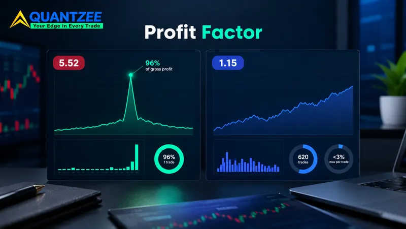Profit factor dashboard comparing a misleading 5.52 score from one lucky trade against a reliable 1.15 score from 620 consistent trades