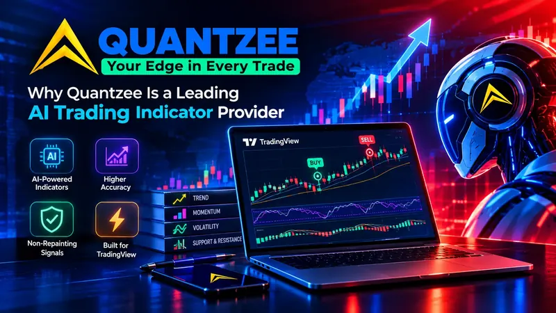 Quantzee AI trading indicators on a TradingView chart — non-repainting buy and sell signals across trend, momentum, volatility and support/resistance