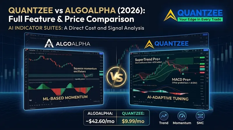 Quantzee vs AlgoAlpha comparison: AI-adaptive TradingView indicator suites side by side — AlgoAlpha ML squeeze momentum at ~$42.60/mo vs Quantzee SuperTrend Pro+ and MACD Pro+ for $59.99 once