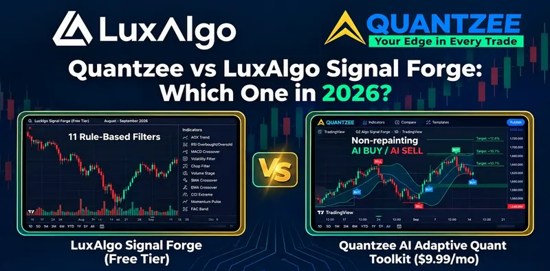 Quantzee vs LuxAlgo Signal Forge comparison — LuxAlgo's 11 rule-based filters beside Quantzee's non-repainting AI Adaptive Quant Toolkit buy/sell signals on TradingView charts