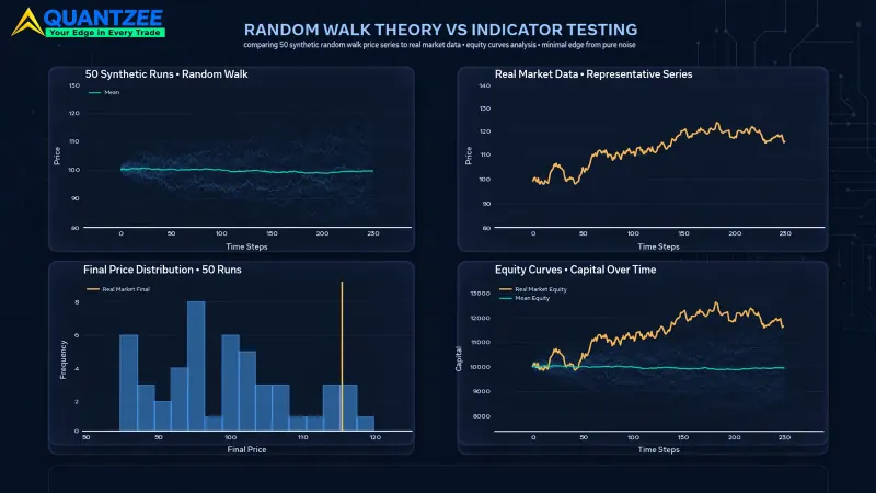 Four-panel Quantzee chart comparing 50 synthetic random walk price series with a real market price series, a final-price distribution histogram and equity curves where the random-walk mean stays flat near the starting capital