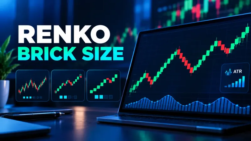Renko chart brick size comparison — three Renko brick-size panels beside a laptop showing a Renko brick chart with an ATR volatility panel