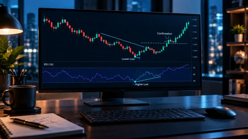 Trader at a multi-monitor desk reviewing an RSI divergence confirmation filter setup on a breakout chart