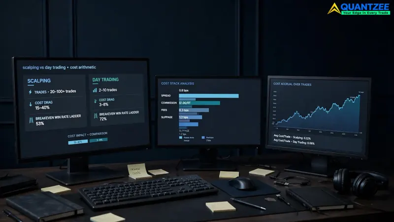 Scalping vs day trading cost comparison showing cost drag, breakeven win rate ladder, and cost stack analysis across trade counts