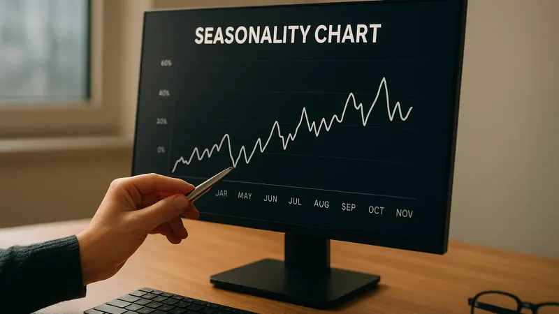 Overlapping line chart showing many years of seasonal price paths with wide dispersion around the average