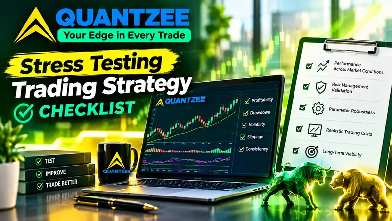 Stress testing trading strategy checklist — laptop showing a backtest equity curve and candlestick chart with profitability, drawdown, volatility, slippage and consistency checks ticked, beside a clipboard checklist for performance across market conditions, risk management validation, parameter robustness, realistic trading costs and long-term viability