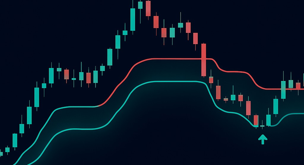 SuperTrend Fusion indicator on a dark TradingView chart — teal bullish and red bearish trend lines with confluence signal arrows marking high-conviction entries