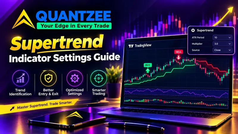Quantzee SuperTrend indicator settings guide — TradingView chart on a laptop showing green and red SuperTrend bands with BUY and SELL signal markers, next to an indicator settings panel set to ATR Period 10, Multiplier 3.0 and Source Close, with trend identification, better entry and exit, optimized settings and smarter trading callouts