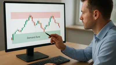 Supply and demand zone chart annotated with the four pass/fail tests: origin, freshness, depth, and time-at-level
