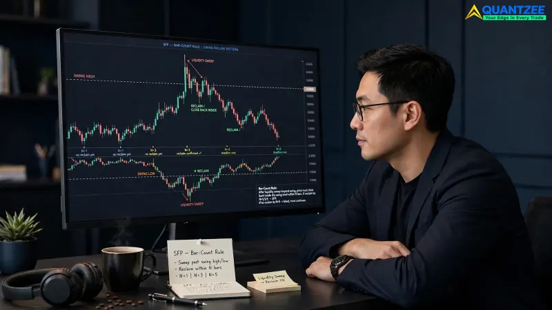 Swing failure pattern on a candlestick chart with liquidity sweeps past the swing high and swing low, and the N=1, N=3 and N=5 bar-count reclaim deadlines marked