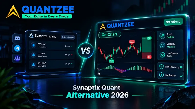 Synaptix Quant alternative 2026 — Synaptix Quant's external Discord and Telegram alert feed compared side by side with Quantzee's on-chart TradingView AI signals showing buy/sell entries, SL and TP zones, trend, volatility and confidence readouts for $59.99 once