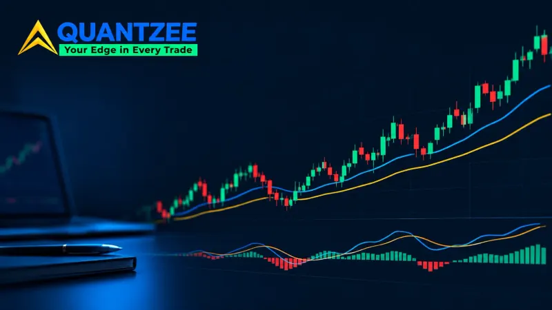 Technical indicators for swing trading — a rising candlestick chart with two moving-average trend lines and a MACD-style momentum histogram below it, on a dark Quantzee chart dashboard beside a laptop and notebook