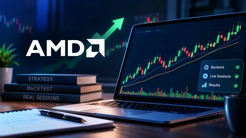 AMD trading strategy backtest workspace showing a candlestick chart on a laptop with backtest, live sessions and results checks for the accumulation manipulation distribution day model