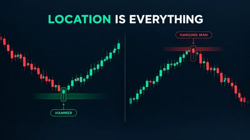 Hanging man vs hammer candlestick pattern compared side by side — the same candle after a decline reads as a hammer and after an advance reads as a hanging man