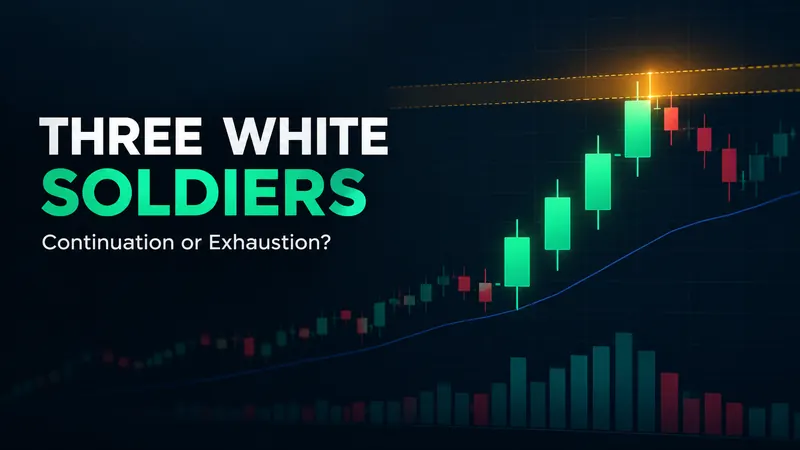 Three white soldiers candlestick pattern chart showing three consecutive bullish green candles breaking above a highlighted resistance zone, illustrating continuation versus exhaustion on an index chart