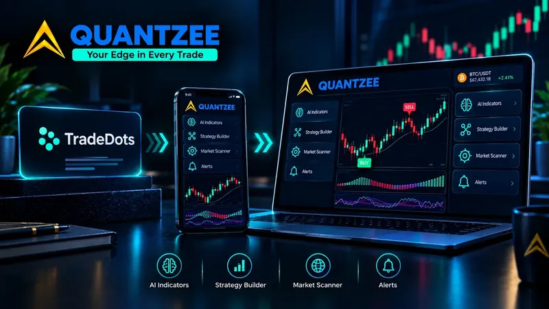 TradeDots alternative comparison: Quantzee AI trading indicators with strategy builder, market scanner and buy/sell alerts on TradingView charts across laptop and mobile