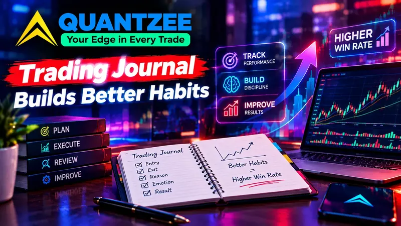 Trading journal habit that doubles your indicator's win rate — an open trading journal logging entry, exit, reason, emotion and result next to a candlestick chart on a laptop, with a Plan, Execute, Review, Improve stack and a Track Performance, Build Discipline, Improve Results panel pointing to a higher win rate