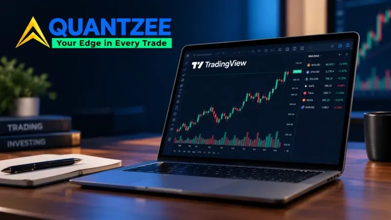 Laptop showing the TradingView charting platform with a rising candlestick chart and a live watchlist, next to the Quantzee logo, illustrating the complete guide to using TradingView