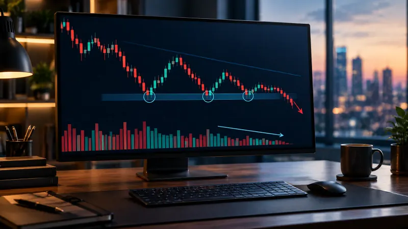 Trading desk monitor showing a triple top chart pattern with three resistance touches, shrinking volume on each touch, and a breakdown below support