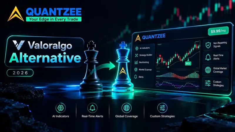 ValorAlgo alternative 2026 — ValorAlgo's institutional support and resistance approach compared with Quantzee's AI trading indicator suite on TradingView, showing non-repainting buy signals, real-time alerts, market scanner, backtesting, global market coverage and custom strategies for $59.99 once