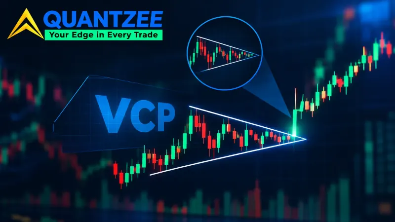 Volatility contraction pattern on a candlestick chart, with converging trendlines marking each shallower pullback, a magnified inset of the tight final contraction, and the breakout candle leading into the uptrend