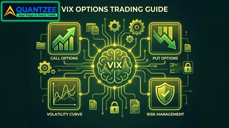 Volatility index options trading guide diagram — a central VIX node linked to call options, put options, the volatility curve and risk management