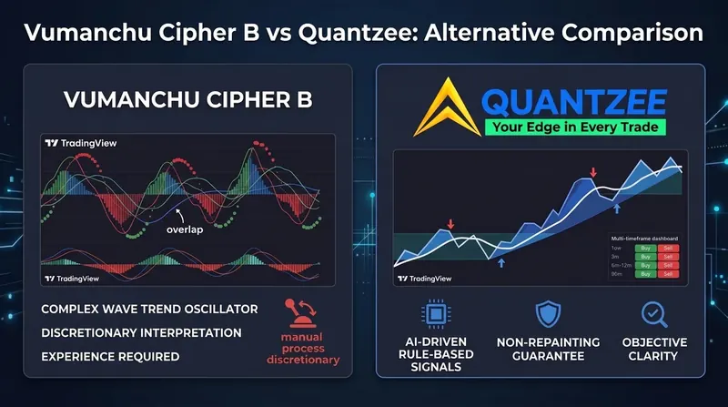 VuManChu Cipher B alternative comparison: TradingView WaveTrend oscillator needing discretionary interpretation versus Quantzee's AI-driven, non-repainting buy/sell signals with a multi-timeframe dashboard
